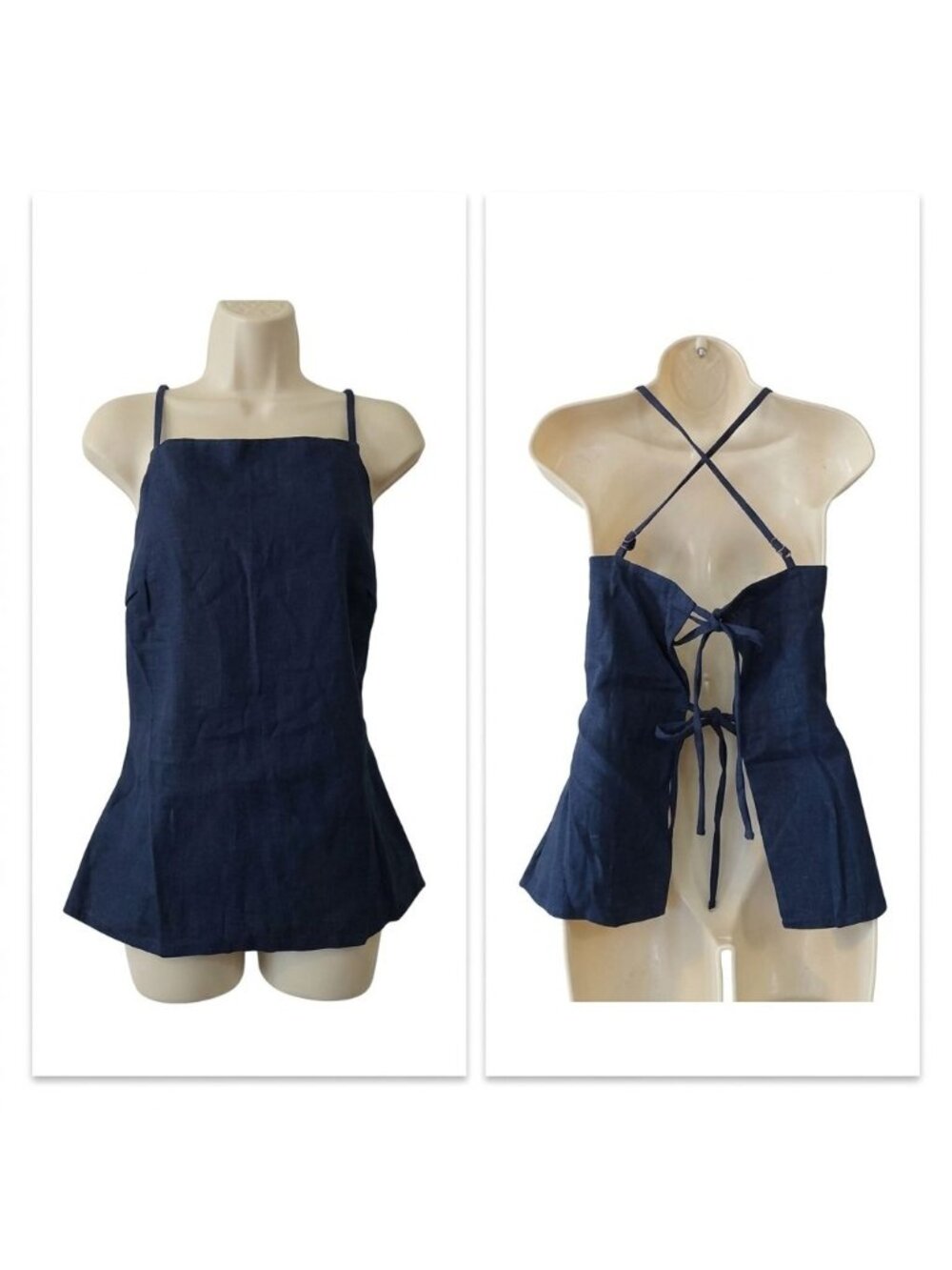 Line and Dot Navy Blue Strappy Back Linen Blend Apron Tank Top Women Size L